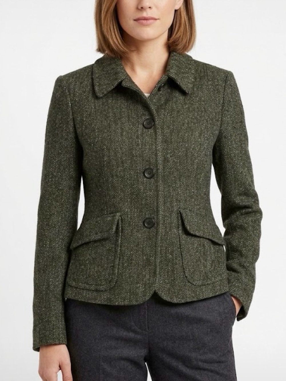 VTG Fossil Tweed Herringbone Wool Blazer Womens Size 4 Olive Button Front Jacket